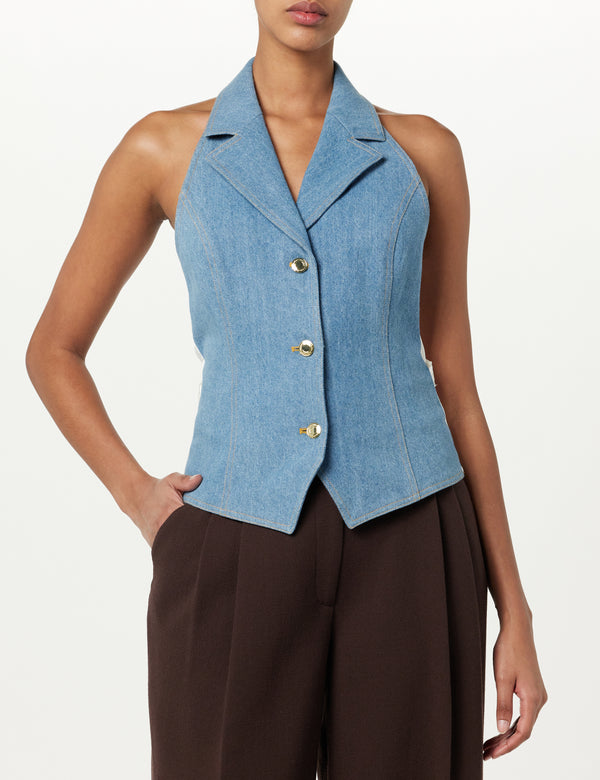 Sergio Hudson Denim Halter Vest