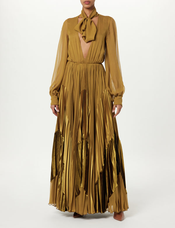 Sergio Hudson Tie-Neck Pleated Maxi Dress