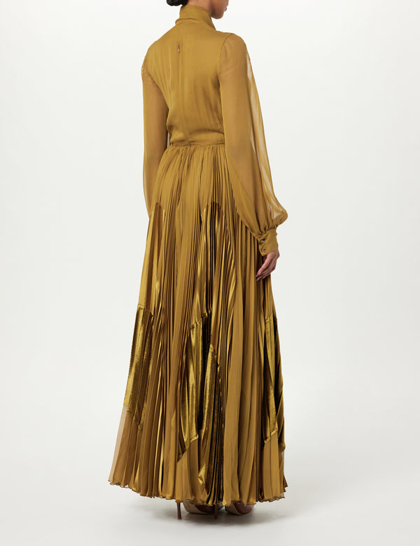 Sergio Hudson Tie-Neck Pleated Maxi Dress