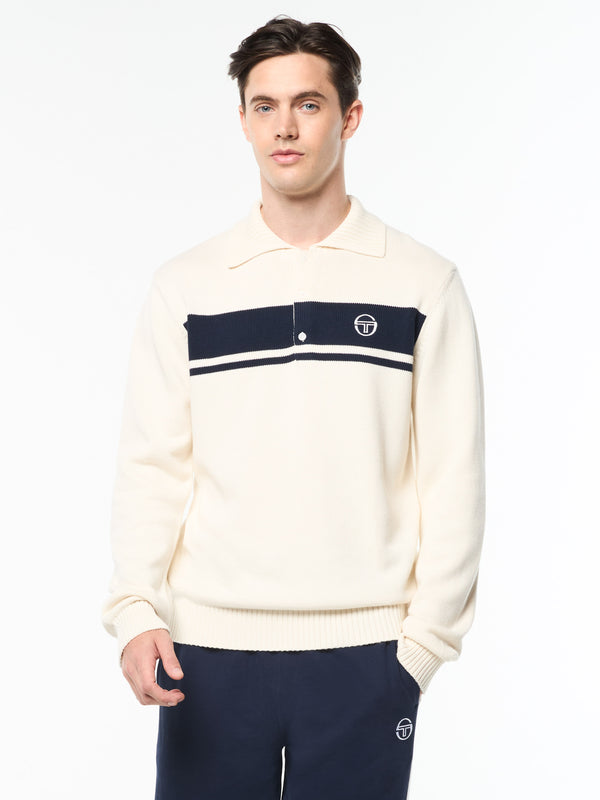 sergio tacchini Damarindo Long Sleeve Knit Polo- Gardenia/ Maritime Blue
