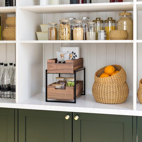 Seville Classics 2-Tier Acacia Sliding Baskets Acacia