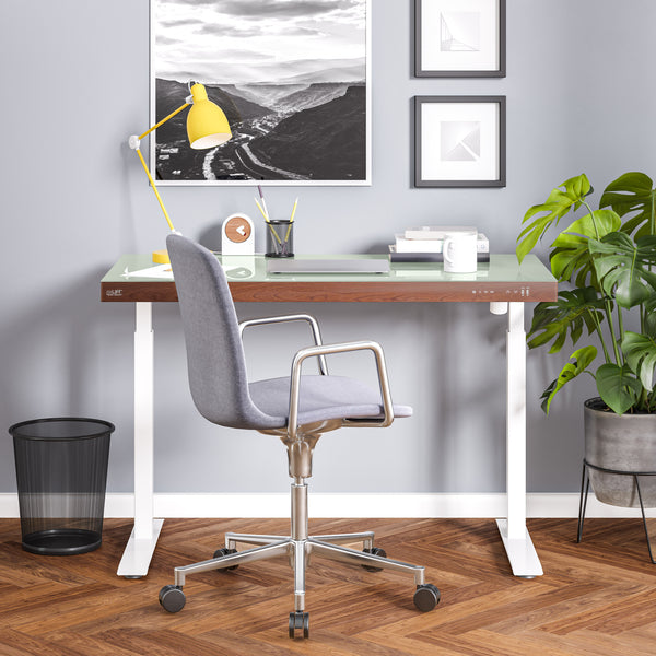seville classics airLIFT® 48" Tempered Glass Top Desk with Wood Trim Front Airlift