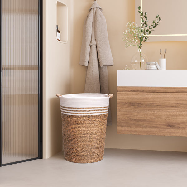 Seville Classics Natural Water Hyacinth And Rope Round Hamper With Liner Laundry