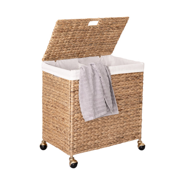 Seville Classics Natural Water Hyacinth Handwoven Lidded Double Laundry Hamper With Gold Sphere Casters Laundry