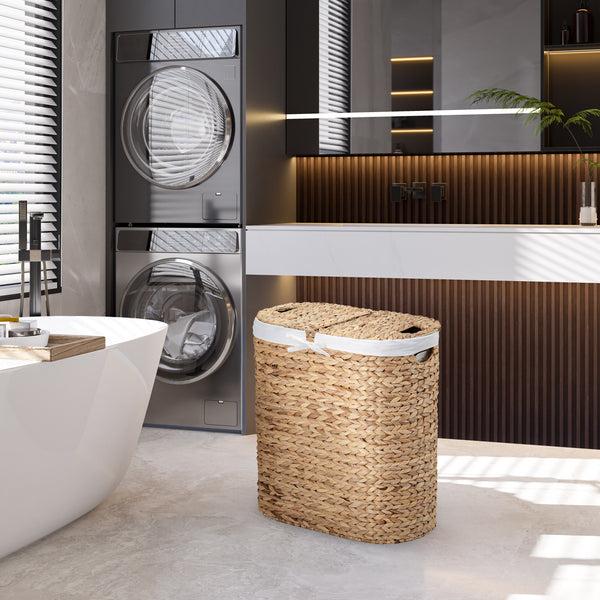 Seville Classics Natural Water Hyacinth Handwoven Lidded Oval Double Laundry Hamper Laundry