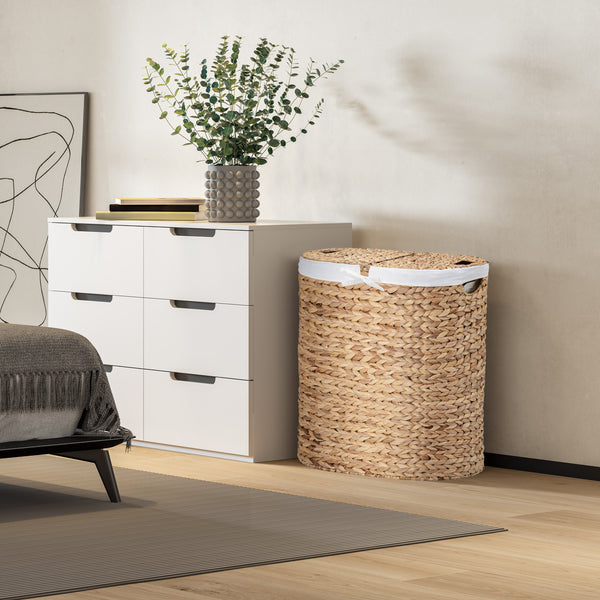 seville classics Natural Water Hyacinth Handwoven Lidded Oval Double Laundry Hamper Laundry