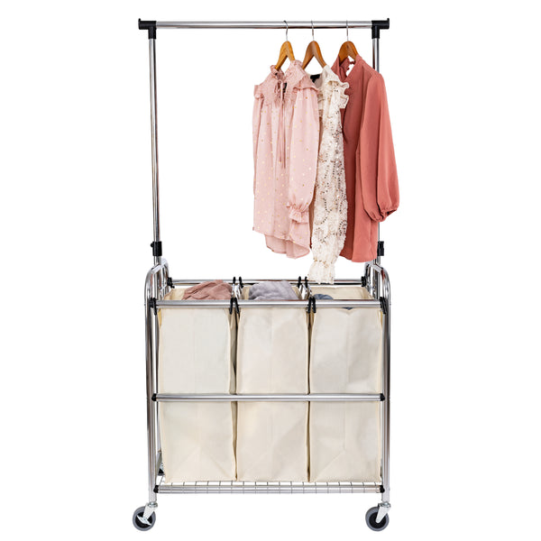 Seville Classics Rolling 3-Bag Steel Laundry Sorter W/ Hanging Bar Laundry