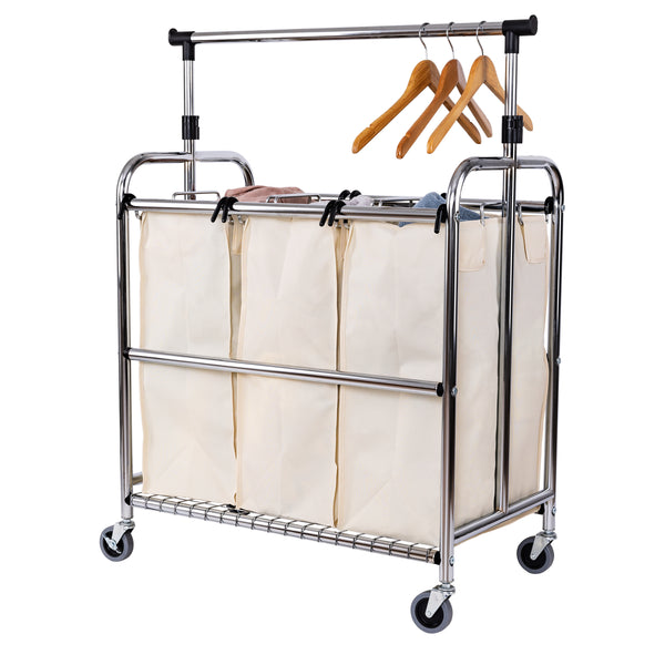 Seville Classics Rolling 3-Bag Steel Laundry Sorter W/ Hanging Bar Laundry