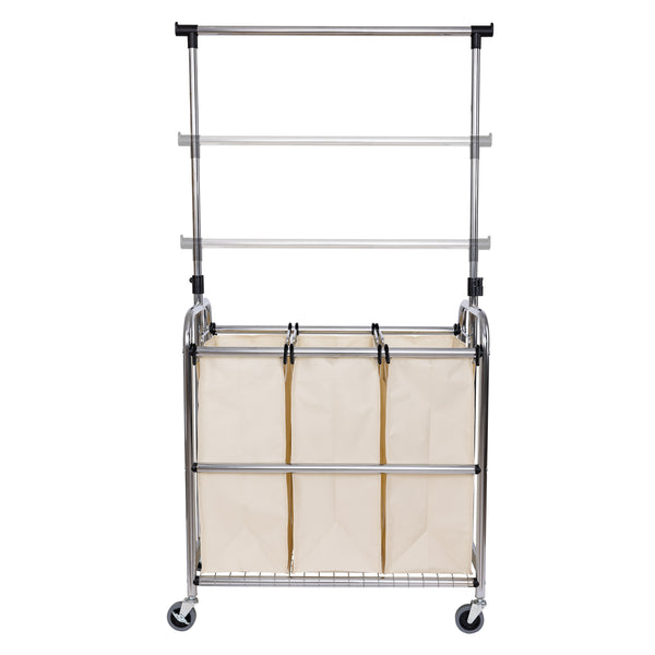 Seville Classics Rolling 3-Bag Steel Laundry Sorter W/ Hanging Bar Laundry