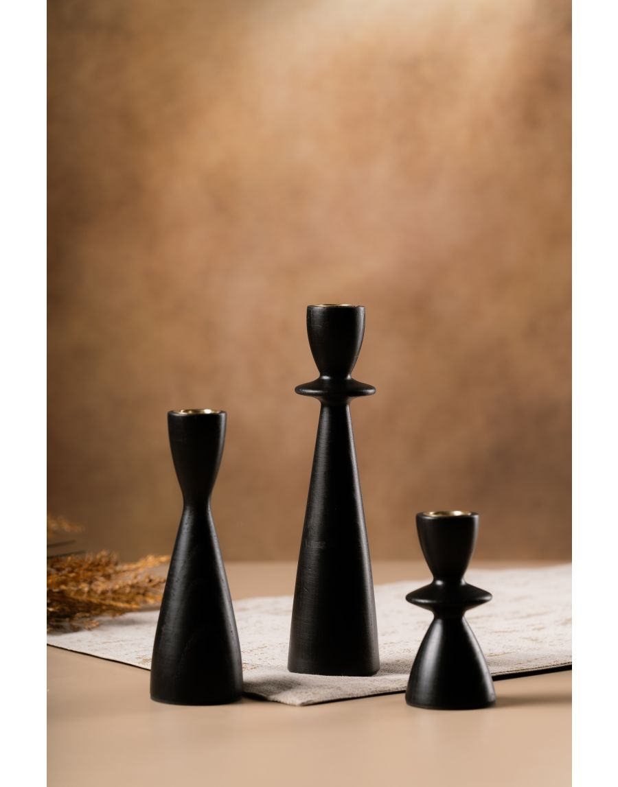 Sg Home Forest Fusion Wooden Candle Holder (Set Of 03) - Black