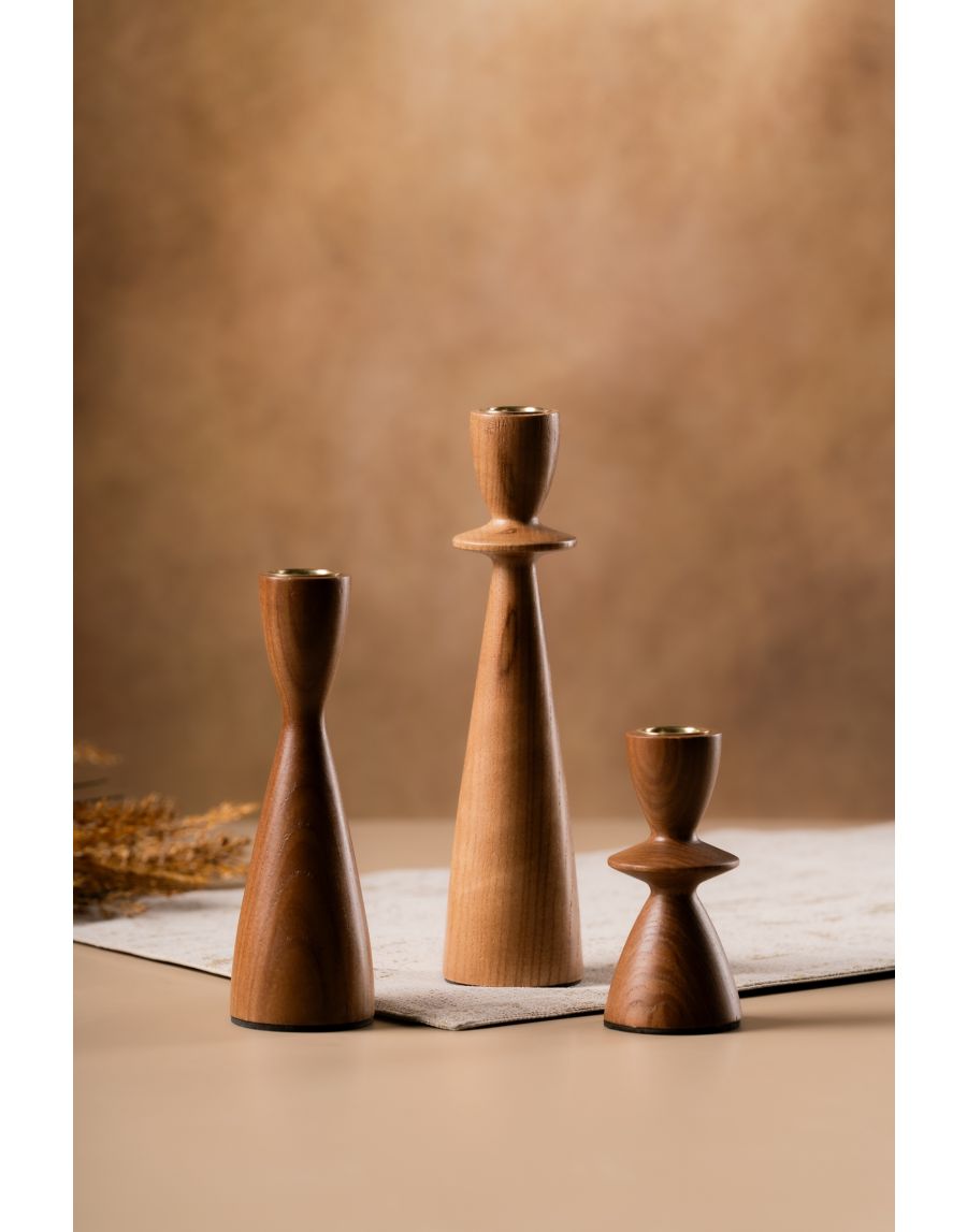 Sg Home Forest Fusion Wooden Candle Holder (Set Of 03) - Brown