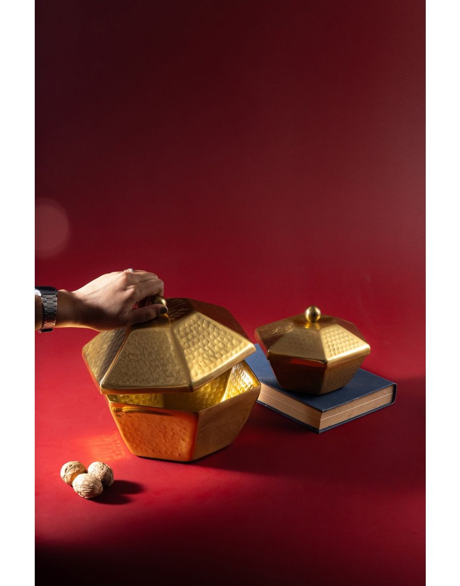 Sg Home Hexa Glow Golden Hammered Box With Lid - Large