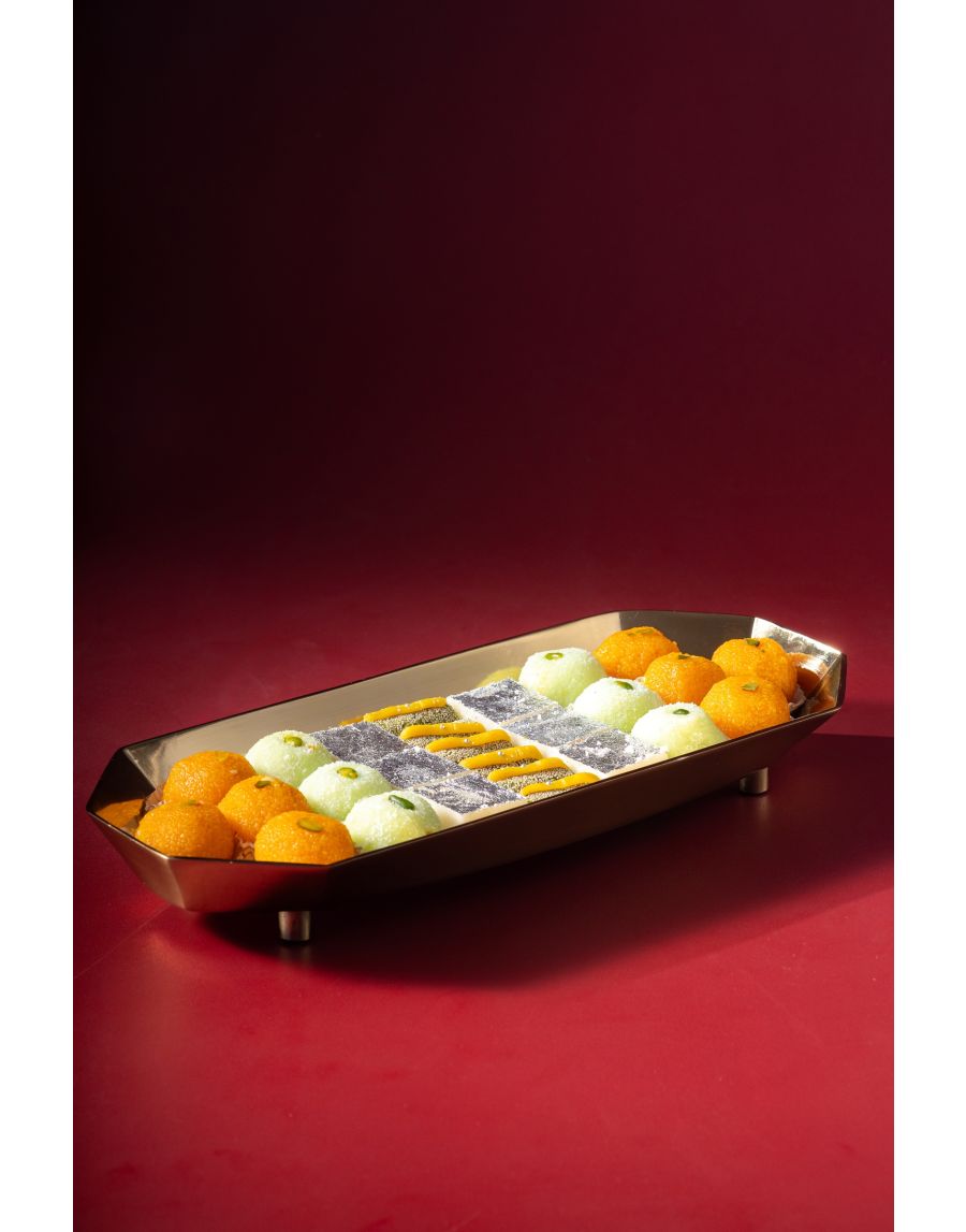 Sg Home Hexa Glow Golden Long Platter - Small And Large (Set Of 02)