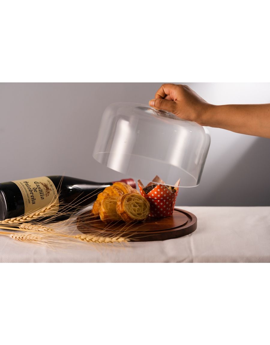 Sg Home Flat Wooden Cake Stand With Glass Dome