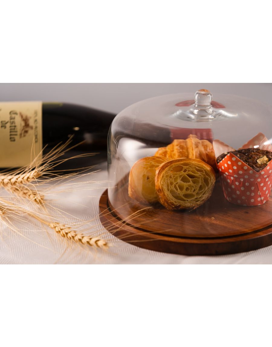 Sg Home Flat Wooden Cake Stand With Glass Dome