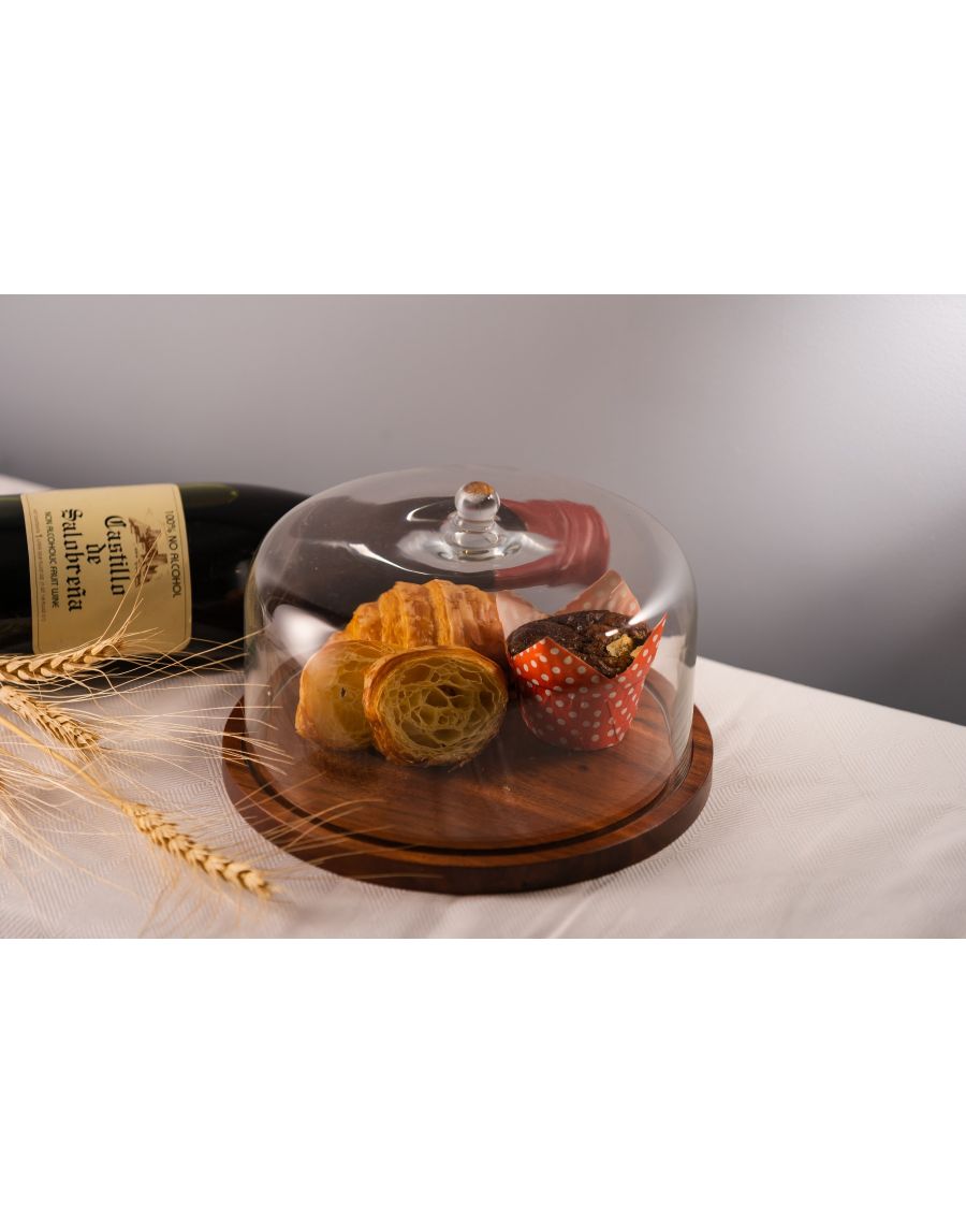 Sg Home Flat Wooden Cake Stand With Glass Dome