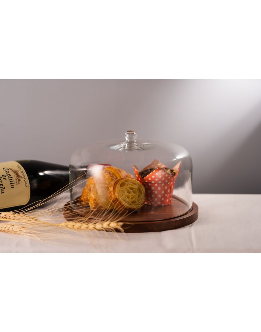 sg home Flat Wooden Cake Stand with Glass Dome