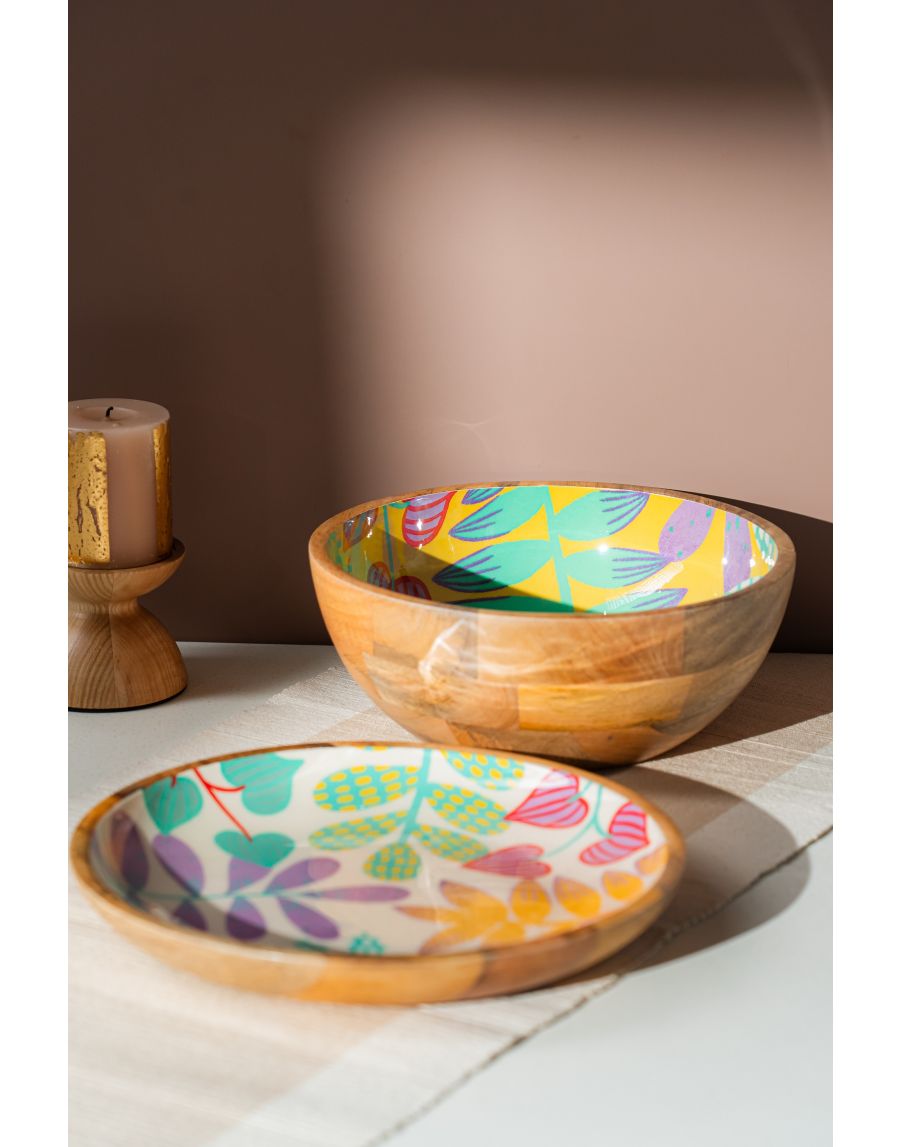 Sg Home Wood Printed Bowl And Tray Set