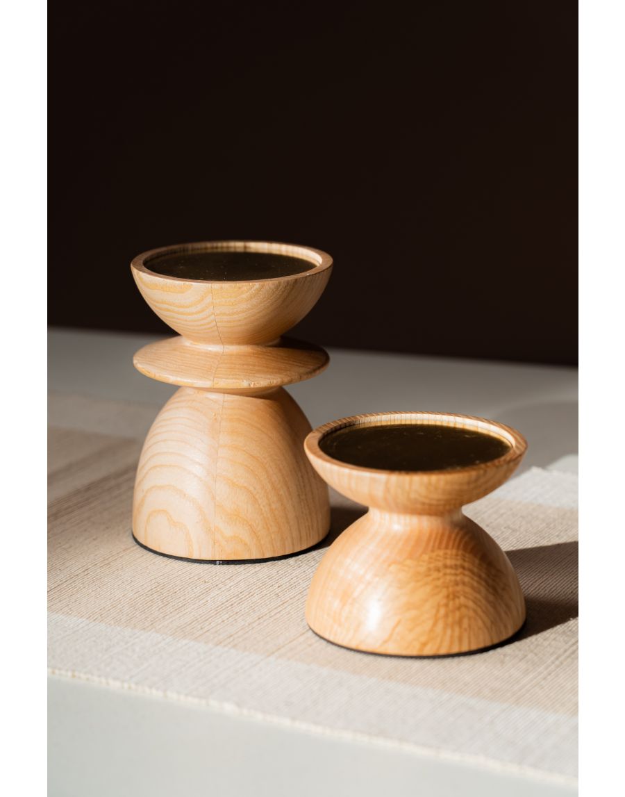 sg home Wooden Pillar Candle Holder Pair (Set of 02)