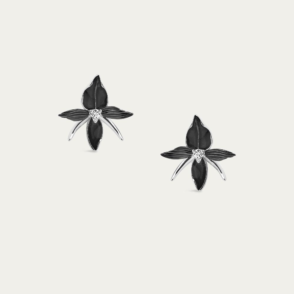 Shaun Leane Black Orchid Flower Earrings - Silver & Diamond