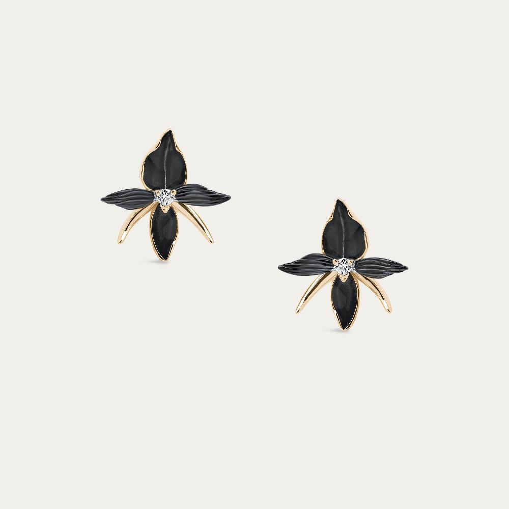 Shaun Leane Black Orchid Flower Earrings - Yellow Gold Vermeil & Diamond