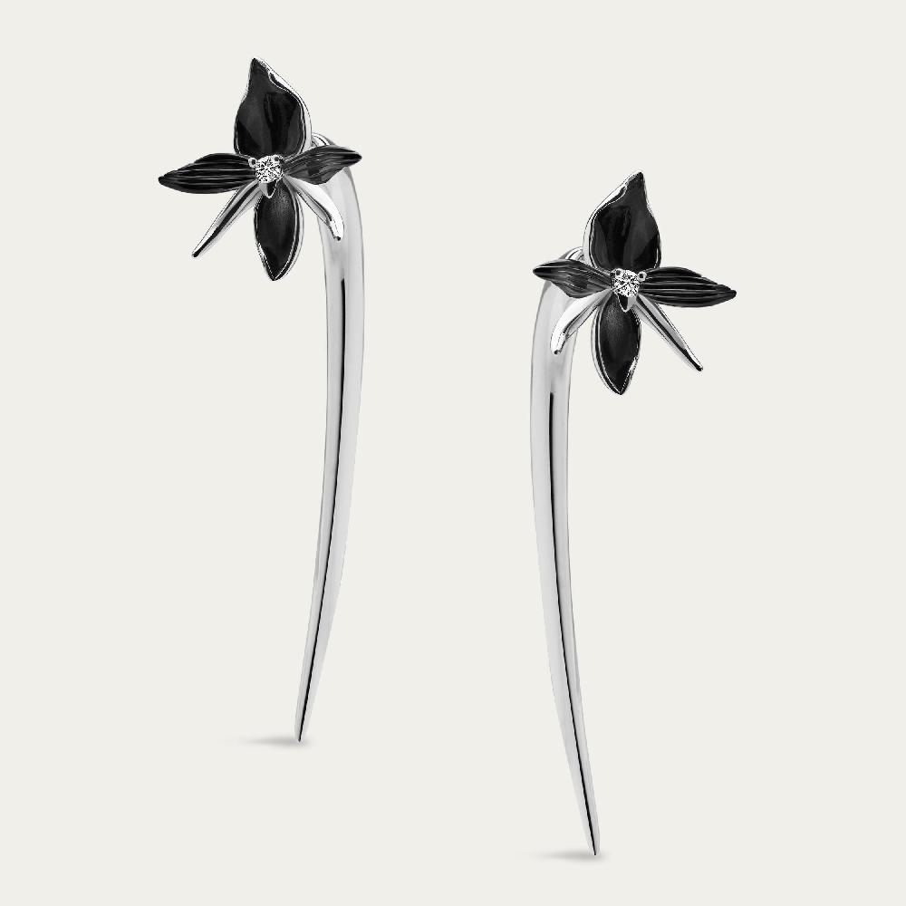 Shaun Leane Black Orchid Hook Earrings - Silver & Diamond