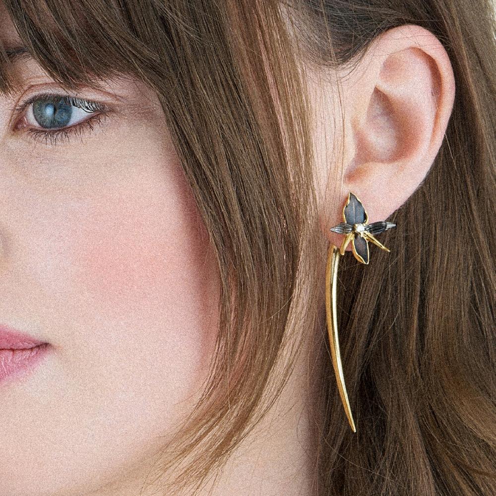 Shaun Leane Black Orchid Hook Earrings - Yellow Gold Vermeil & Diamond