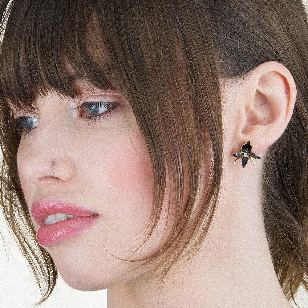 Shaun Leane Black Orchid Large Flower Earrings - Yellow Gold Vermeil & Diamond