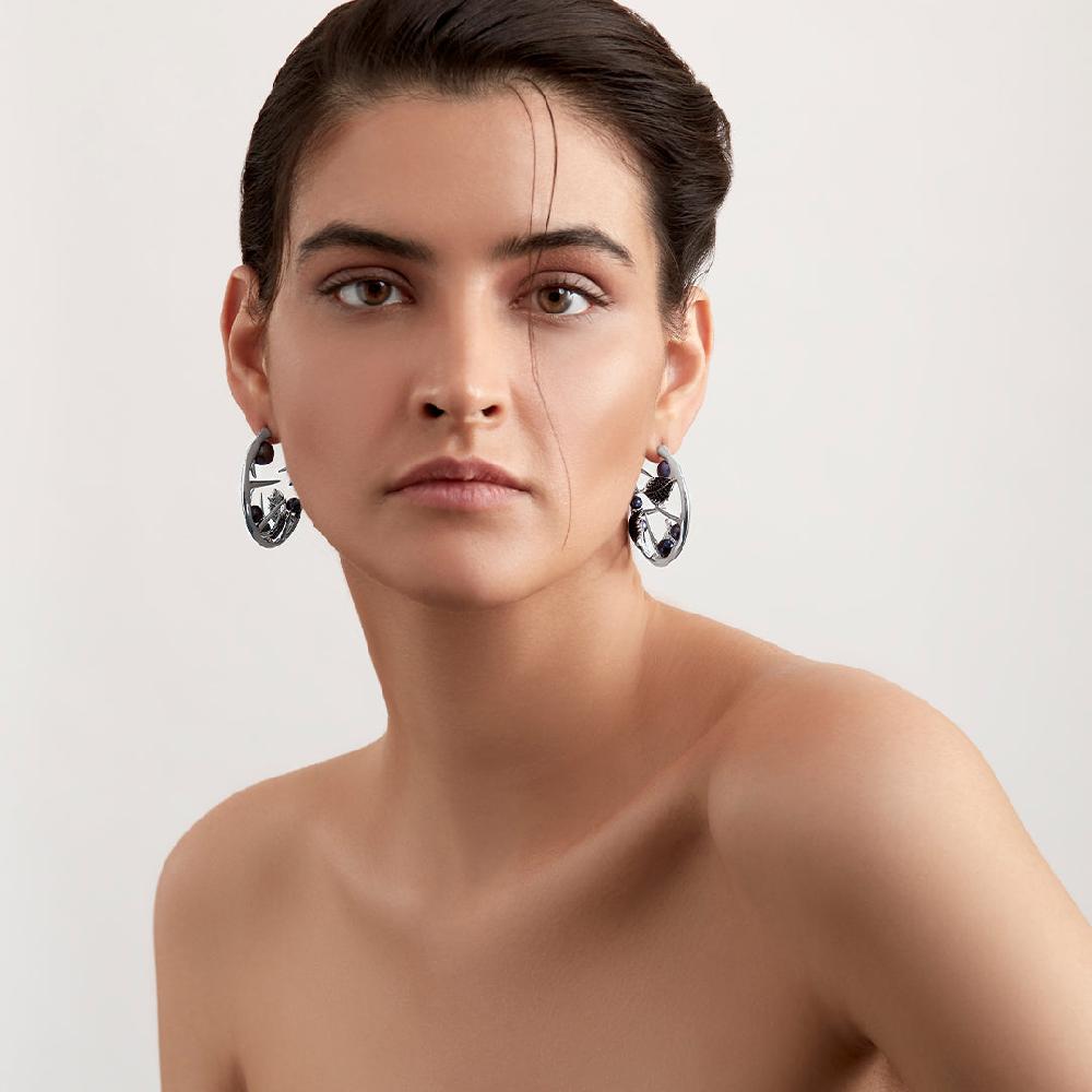 Shaun Leane Blackthorn Leaf Hoop Earrings - Silver Black Spinel & Black Pearl