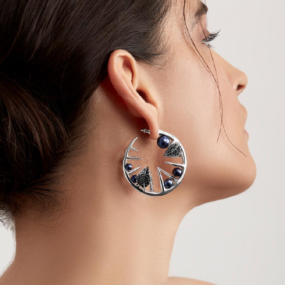 Shaun Leane Blackthorn Leaf Hoop Earrings - Silver Black Spinel & Black Pearl