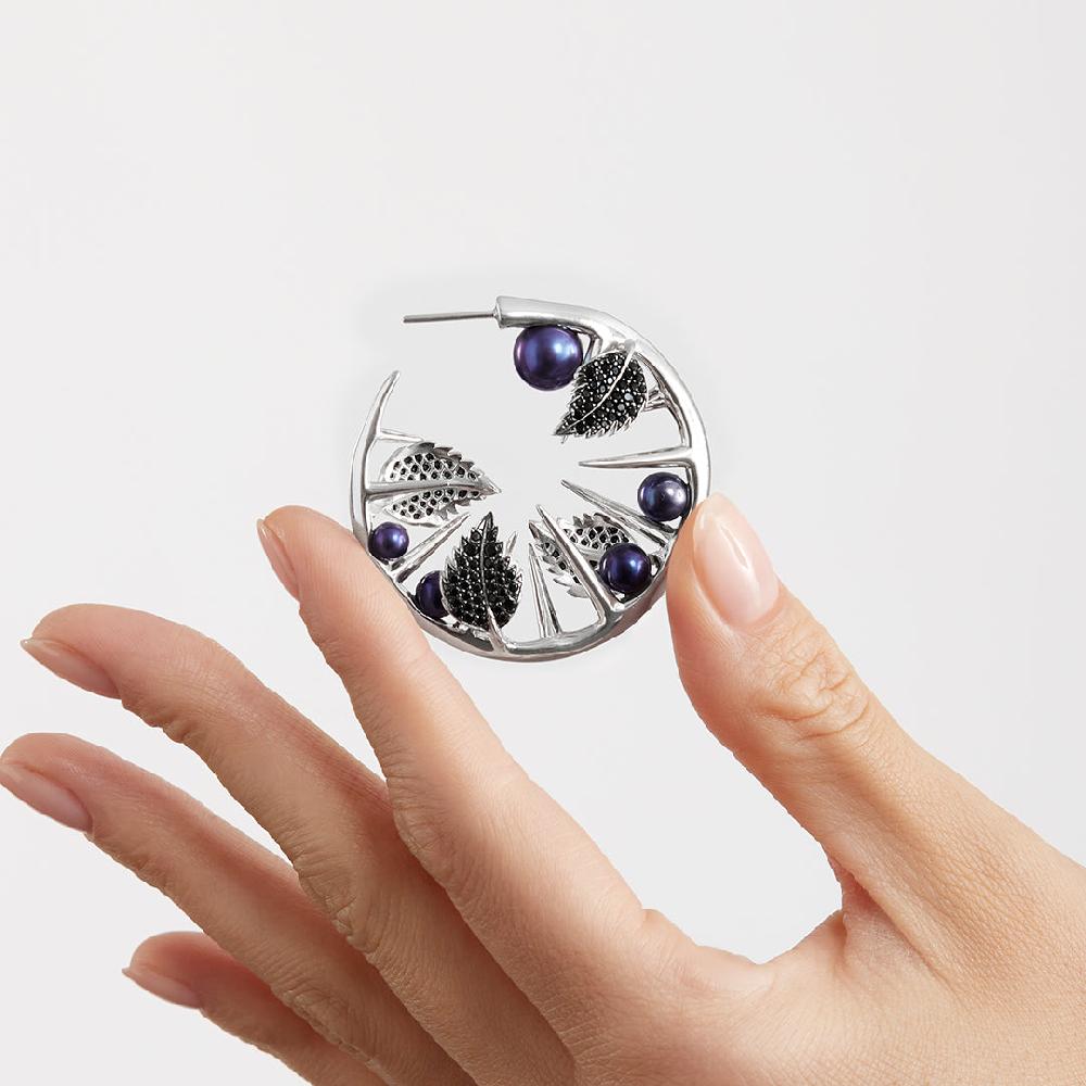 Shaun Leane Blackthorn Leaf Hoop Earrings - Silver Black Spinel & Black Pearl