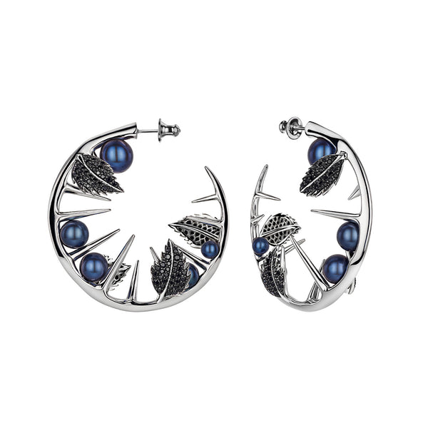 shaun leane Blackthorn Leaf Hoop Earrings - Silver Black Spinel & Black Pearl