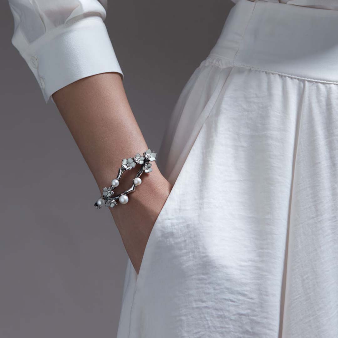 Shaun Leane Cherry Blossom Bangle - Silver Diamond & Pearl
