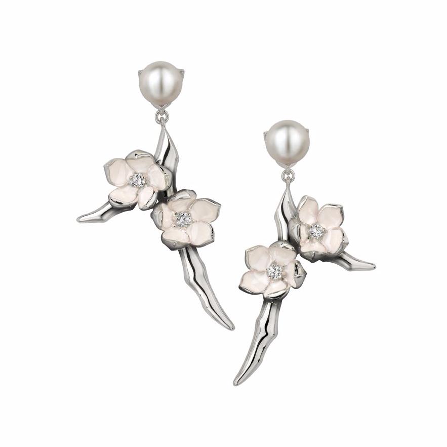 Shaun Leane Cherry Blossom Branch Drop Earrings - Silver Diamond & Pearl