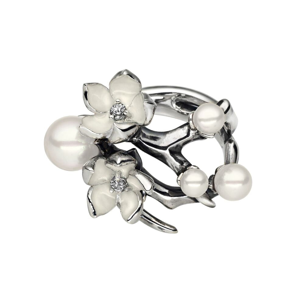Shaun Leane Cherry Blossom Flower Ring - Silver Diamond & Pearl
