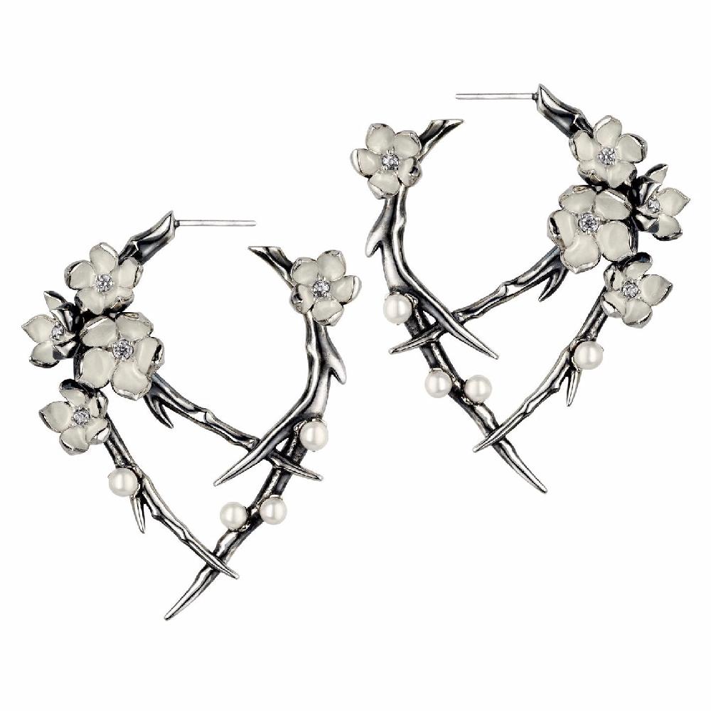 Shaun Leane Cherry Blossom Hoop Earrings - Silver Diamond & Pearl