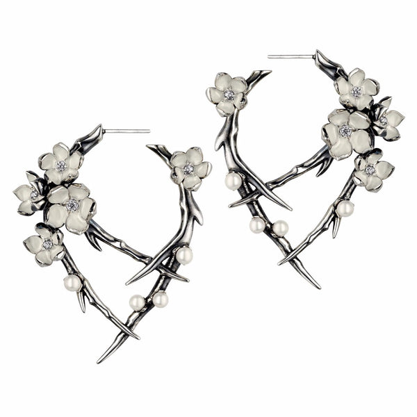 shaun leane Cherry Blossom Hoop Earrings - Silver Diamond & Pearl