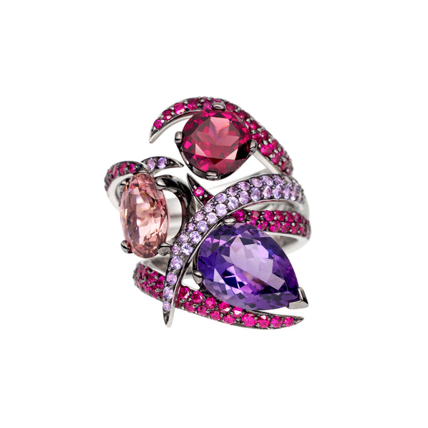 shaun leane Interlocking Aurora Ring Set - 18ct White Gold & Amethyst Pink Tourmaline & Rhodalite
