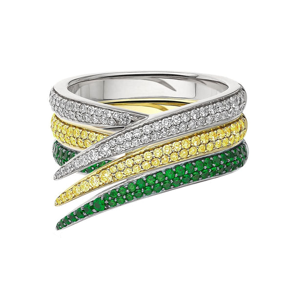shaun leane Interlocking Stacked Ring - 18ct White and Yellow Gold & White Diamond Yellow Sapphire and Tsavorite