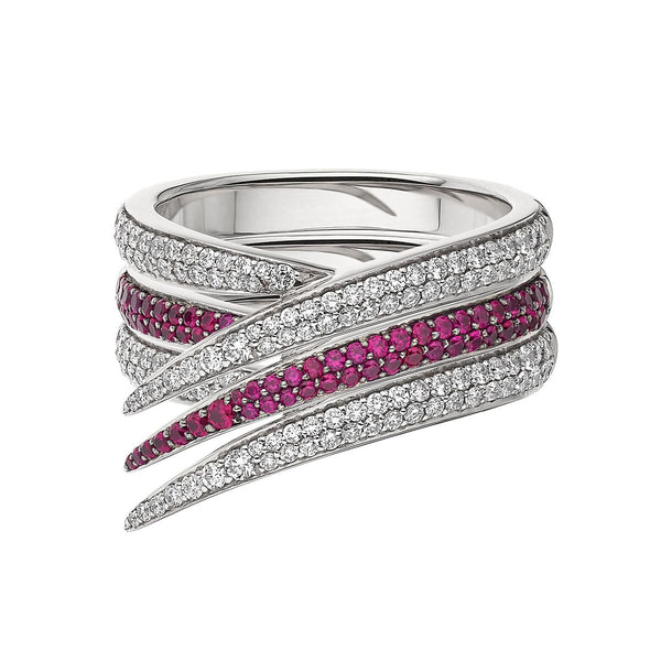 shaun leane Interlocking Stacked Ring - 18ct White Gold & White Diamond and Pink Sapphire