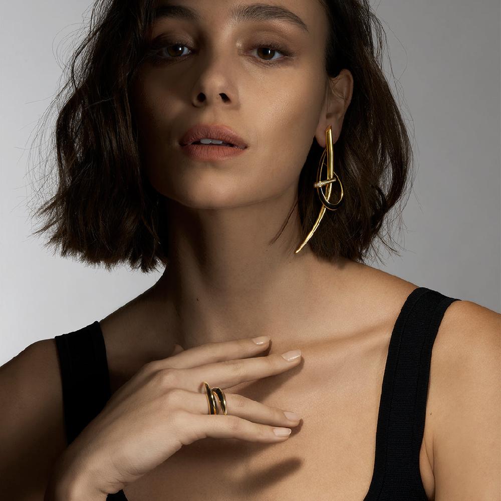 Shaun Leane Sabre Deco Statement Earrings - Yellow Gold Vermeil Black Ceramic & Diamond