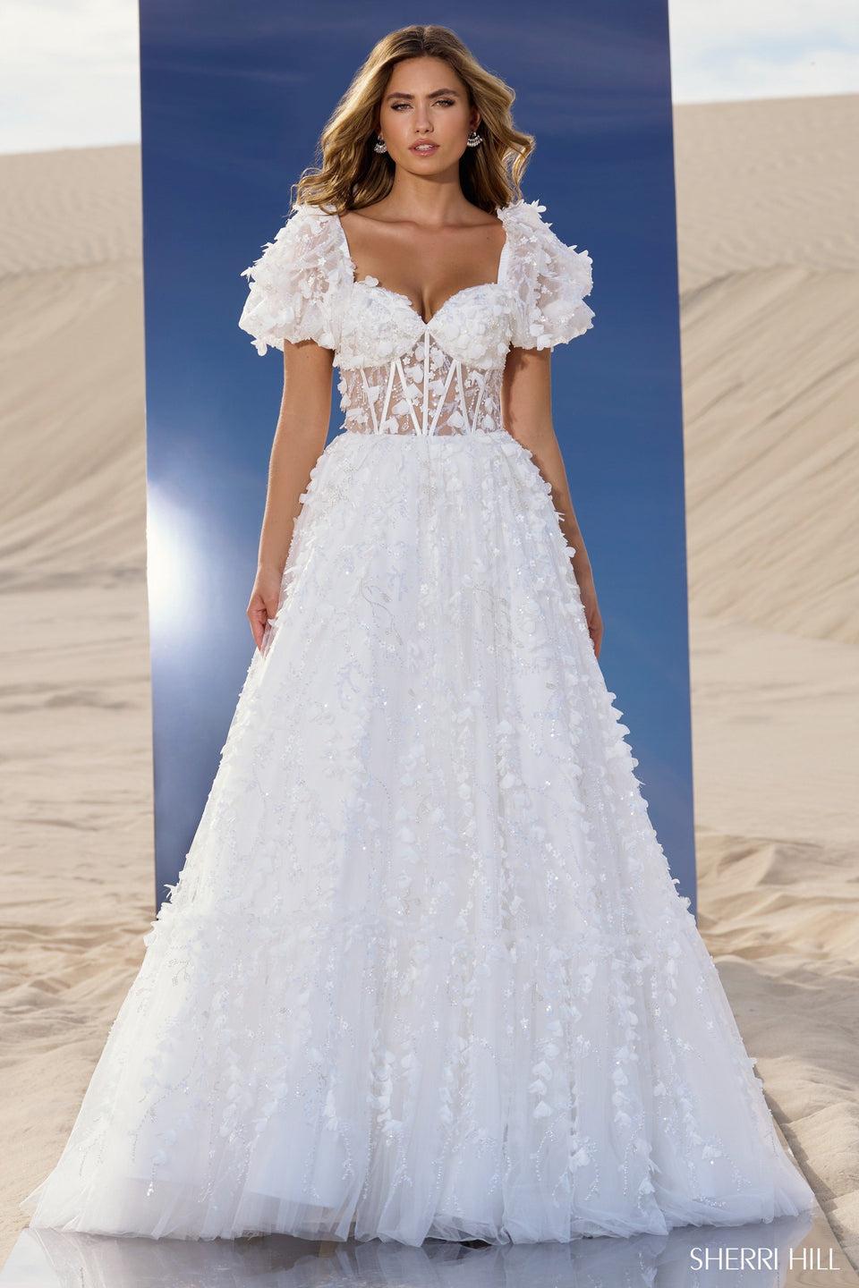 Sherri Hill 3D Floral Ball Gown With Balloon Sleeves Sweetheart Neckline And Sheer Bodice