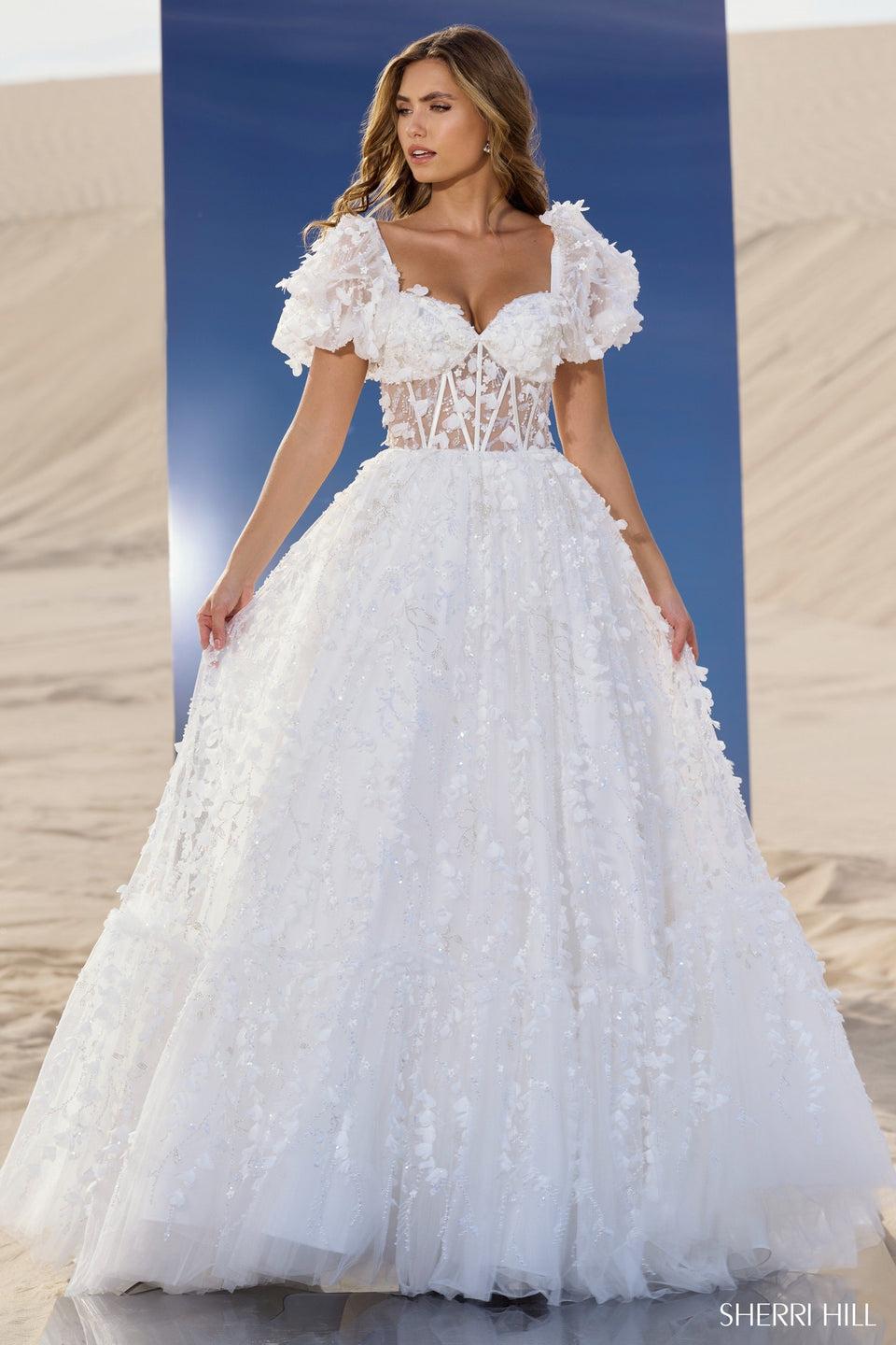 sherri hill 3D floral ball gown with balloon sleeves sweetheart neckline and sheer bodice