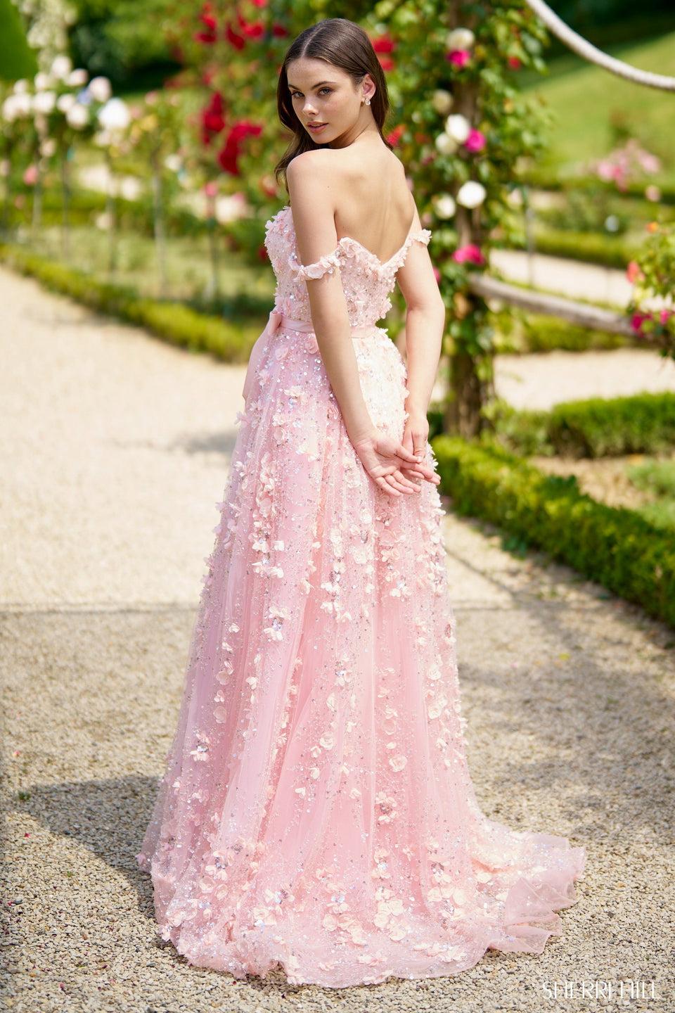 Sherri Hill 3D Flower Gown With Off The Shoulder Sleeves Bow And A Skirt Slit