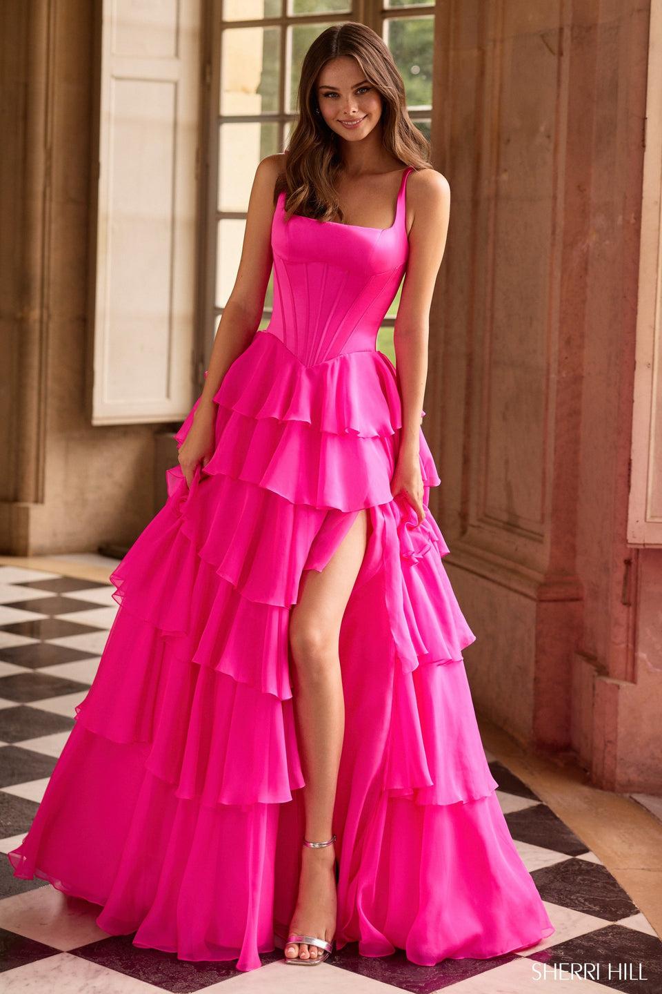 Sherri Hill A Ballgown Chiffon Ruffle Skirt With Slit