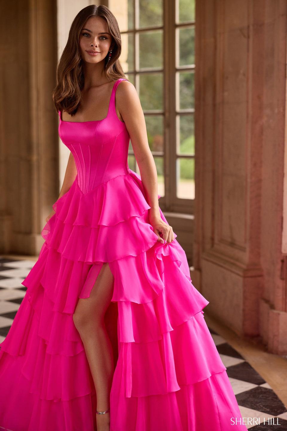 sherri hill A ballgown chiffon ruffle skirt with slit