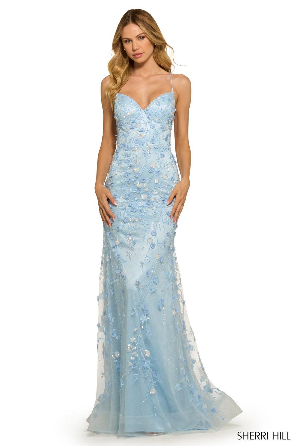 sherri hill A fitted gown with sequin lace a sweetheart neckline and 3D flower details
