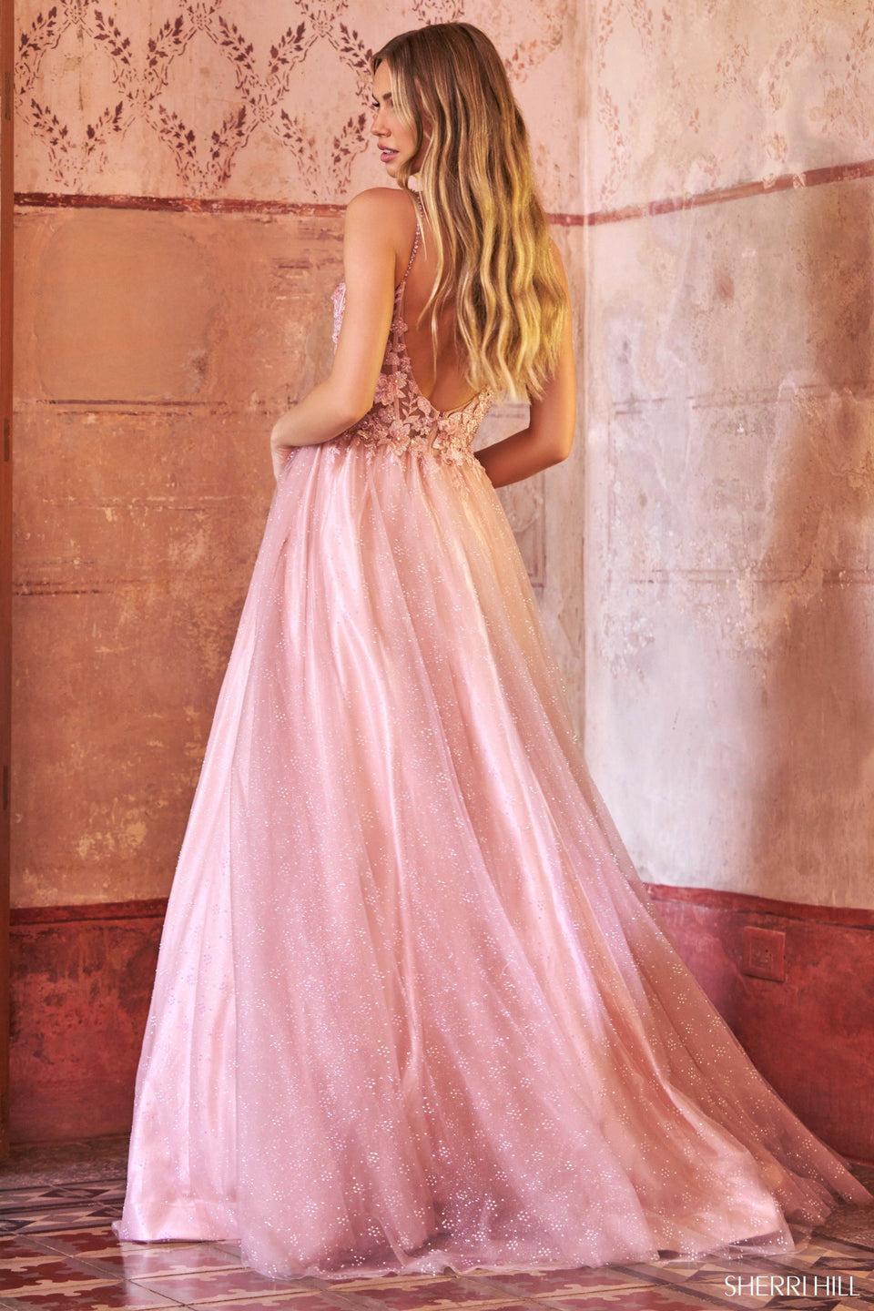 Sherri Hill A-line Ballgown With Glitter Tulle Skirt Lace Embroidered Top With Sweetheart Neckline And Open Back