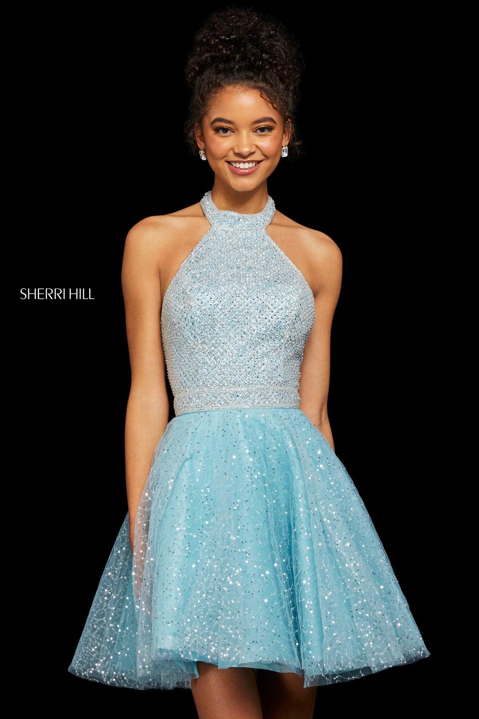 sherri hill A-line cocktail dress with beaded halter neck bodice with corset style lace up back and sequin tulle skirt