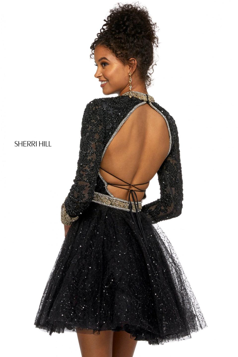 Sherri Hill A-line Cocktail Dress With Beaded Long Sleeve High Neck Bodice With And Open Back And Sequin Tulle Skirt